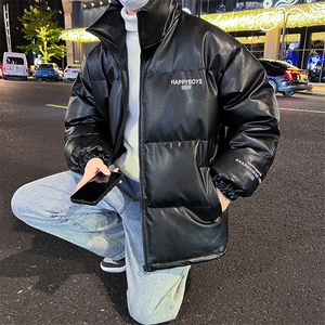 新款立领pu皮印花棉衣男秋冬季加厚面包服外套保暖棉服MY613-P115图片