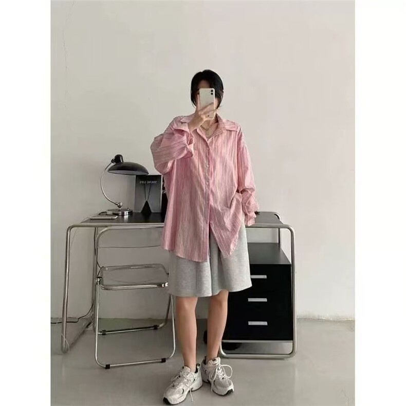 拉夏贝尔防晒条纹衬衫女夏季2025新款慵懒风宽松休闲长袖开衫上衣,男装衬衫,星座1210-1