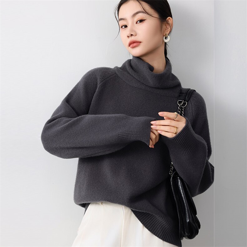 秋冬季新款舒适显瘦时尚百搭5针内翻领纯色羊毛衫,女装羊毛衫,琳尚羊绒