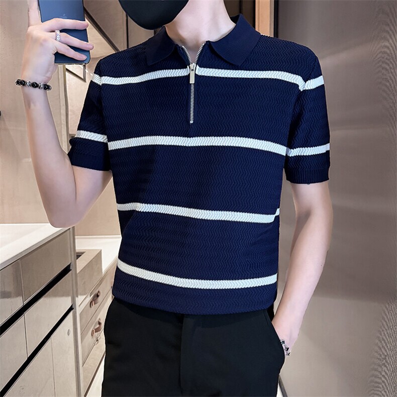 2025夏季短袖针织冰丝条纹短袖翻领Polo衫F6182-P55,男装T恤,电商D342
