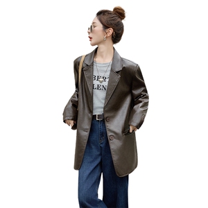 西装皮衣女款2025新款春秋咖色小个子阔版宽松PU机车服皮夹克外套图片