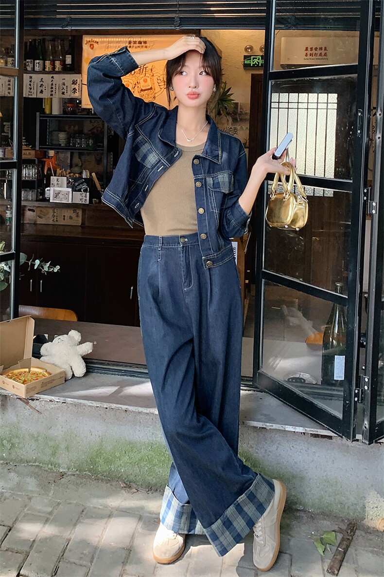 格子牛仔套装女春秋高级感盐系减龄美式韩风chic两件套又a又飒,女装套装/套裙,瑶迪依秀