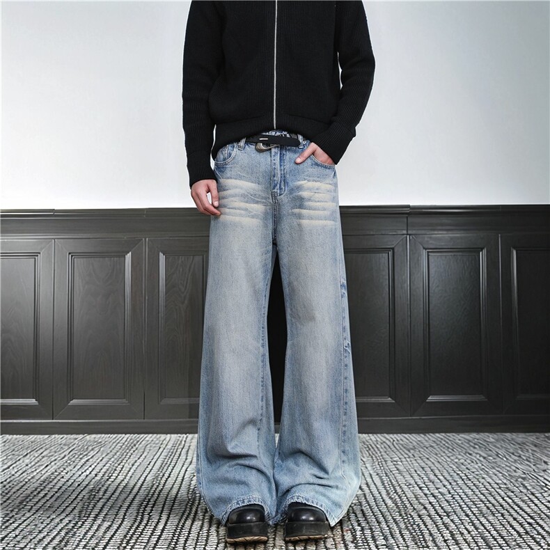 美式高街vibe风复古水洗做旧薄款闪电裂纹牛仔裤男女直筒微喇宽松，男装牛仔裤，电商A306-2