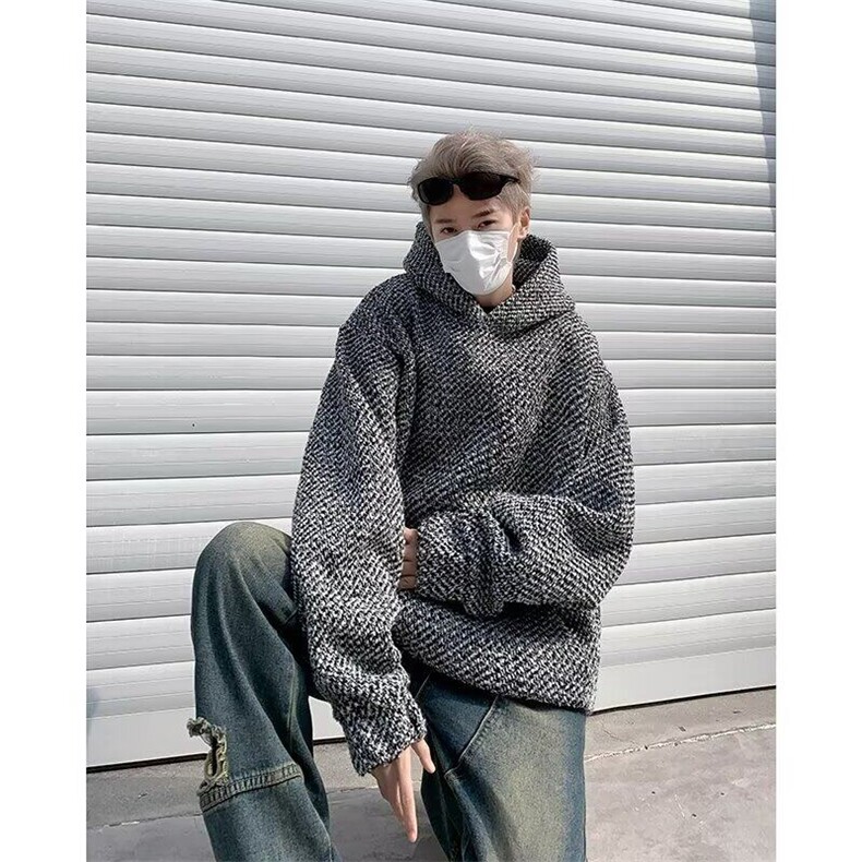 小香风连帽卫衣男2026春粗花呢宽松长袖上衣WB365-常规45，男装卫衣，星座412-2