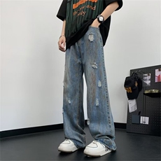 牛仔裤男款潮牌美式高街vibe夏季阔腿直筒裤子男N360-P48，男装牛仔裤，星座308B-2