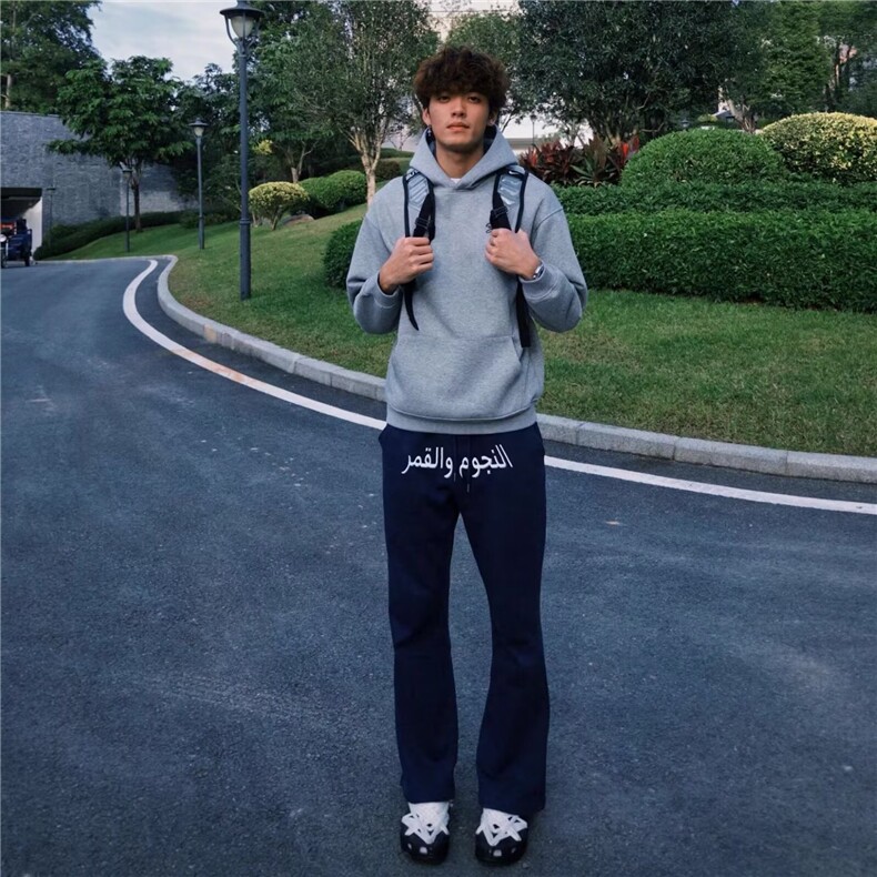 阿拉伯文刺绣弯刀卫裤男秋冬款微喇显瘦运动长裤美式休闲直筒裤子,男装休闲裤,四季星座505