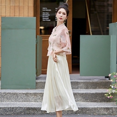 现货退货退现改良旗袍连衣裙两件套装女夏新中式年轻高端高贵优雅，商品下架区，韩然一族
