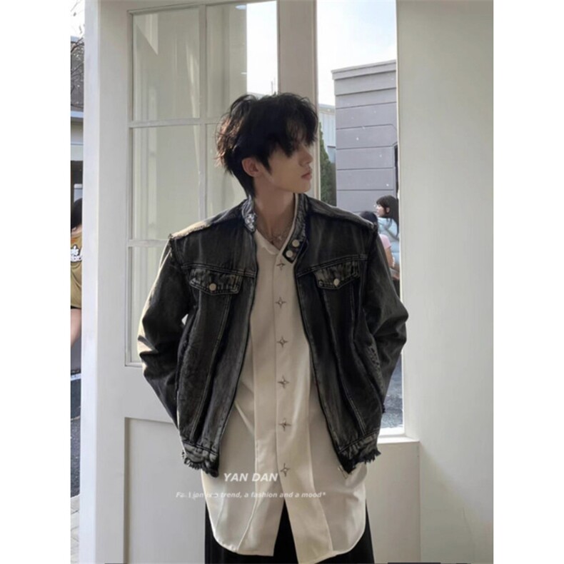 JK8638-P76美式覆古水洗垫肩牛仔外套男女痞帅高级感,男装工装外套,电商B323A