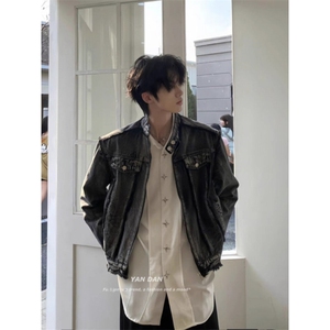 JK8638-P76 美式覆古水洗垫肩牛仔外套男女痞帅高级感图片