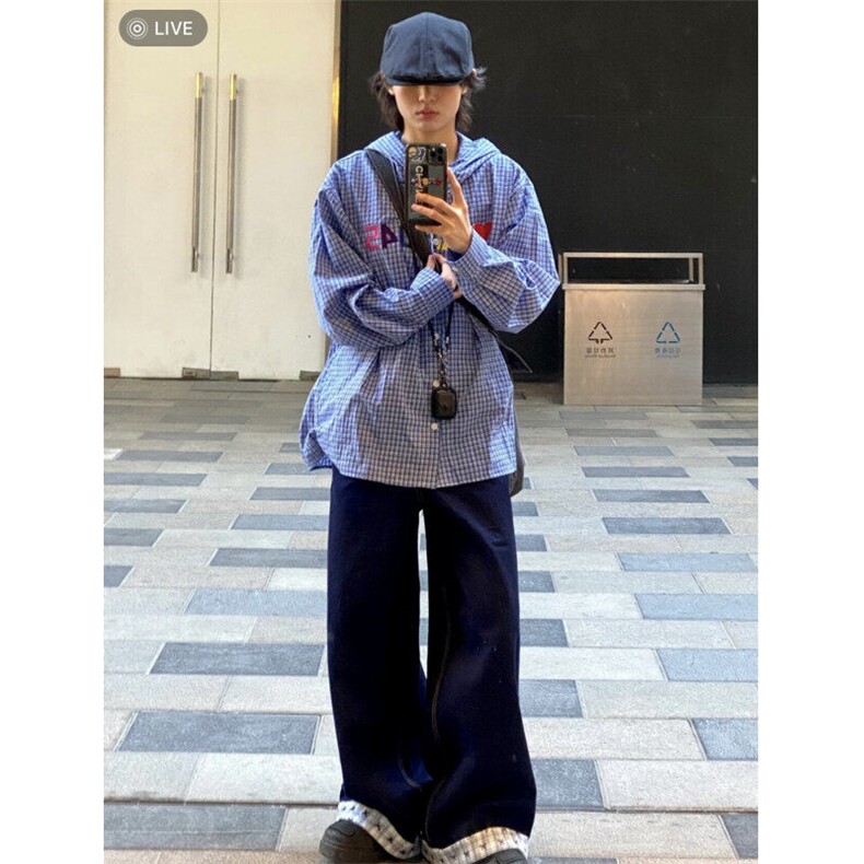 现货格子拼接刺绣牛仔裤春夏美式复古宽松BF慵懒拖地长裤G355P50,男装牛仔裤,电商D256