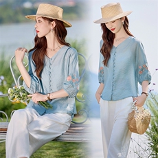 独特漂亮苎麻夏季2025新款宽松刺绣天丝衬衫棉麻裤妈妈，女装大码女装，木橙西子