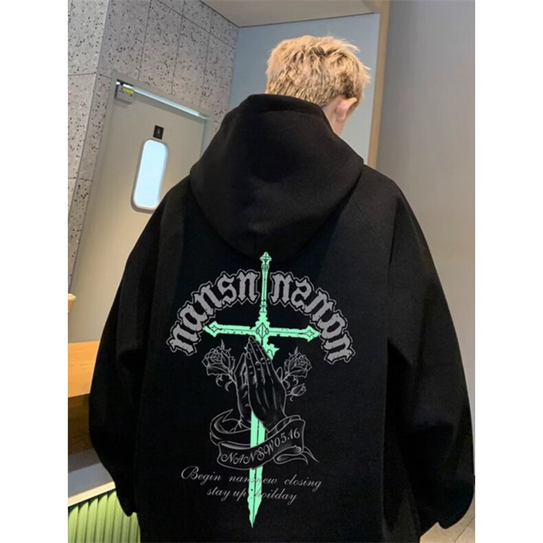 350g美式复古十字架翅膀印花连帽卫衣宽松潮牌外套5188-P43网络图，女装卫衣/绒衫，电商B245