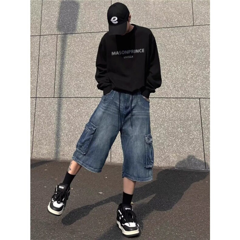 多口袋牛仔短裤男款夏季美式高街工装七分裤百搭宽松阔腿中裤子男,男装牛仔裤,星座218-1（原230）