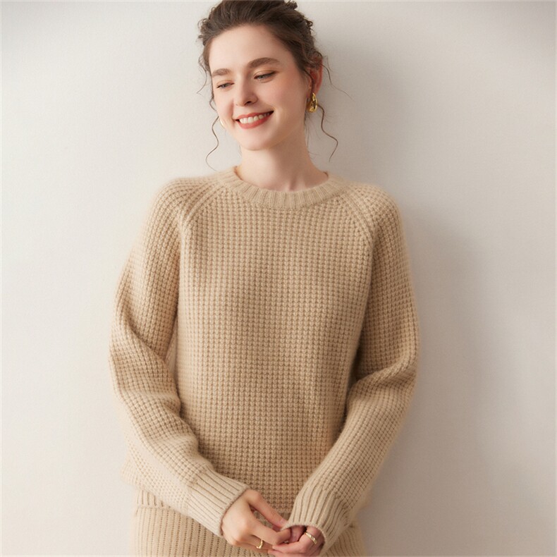2025年秋季落肩袖常规款套头圆领玉米粒舒适时尚百搭通勤，女装针织衫/毛衣，溪贝羊绒