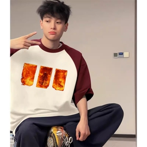 抖音得物高品质二开240克宽松纯棉美式潮牌插肩袖拼接短袖T恤图片