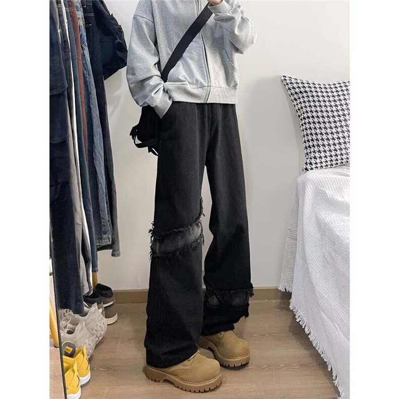 美式复古vibe裤子毛边破洞拼接牛仔裤男款直筒宽松阔腿裤NM2018,男装牛仔裤,星座1116A-1（原606A）