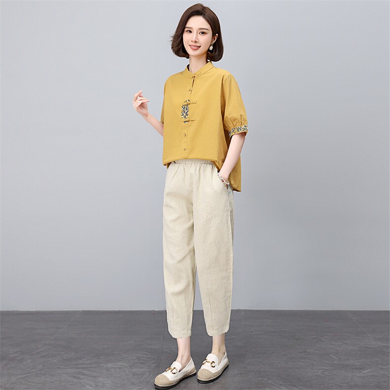 新中式国风刺绣棉麻套装女2025年夏季新款妈妈洋气减龄亚麻两件套,女装套装/套裙,依恋蒂丝