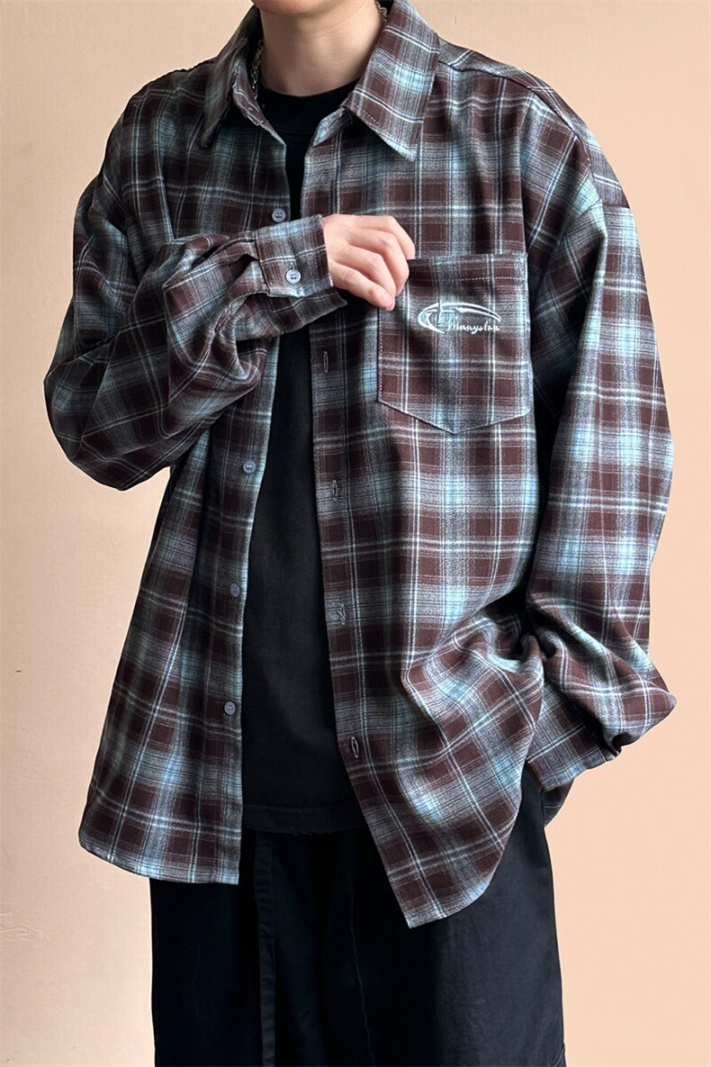 高品质绣花全棉格子长袖衬衣外套潮牌中性AC2308603-特批P60,男装衬衫,电商A351