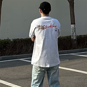 万针全刺绣工艺抖音得物高品质260克重磅纯棉双纱美式高街短袖T恤图片