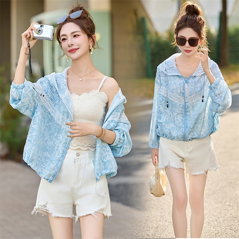 2025夏季新款连帽蕾丝休闲扎染透气上衣，女装短外套，深水步