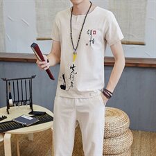 男士短袖棉麻套装男韩版休闲风刺绣夏季两件套唐装TZ023，男装T恤，星座509