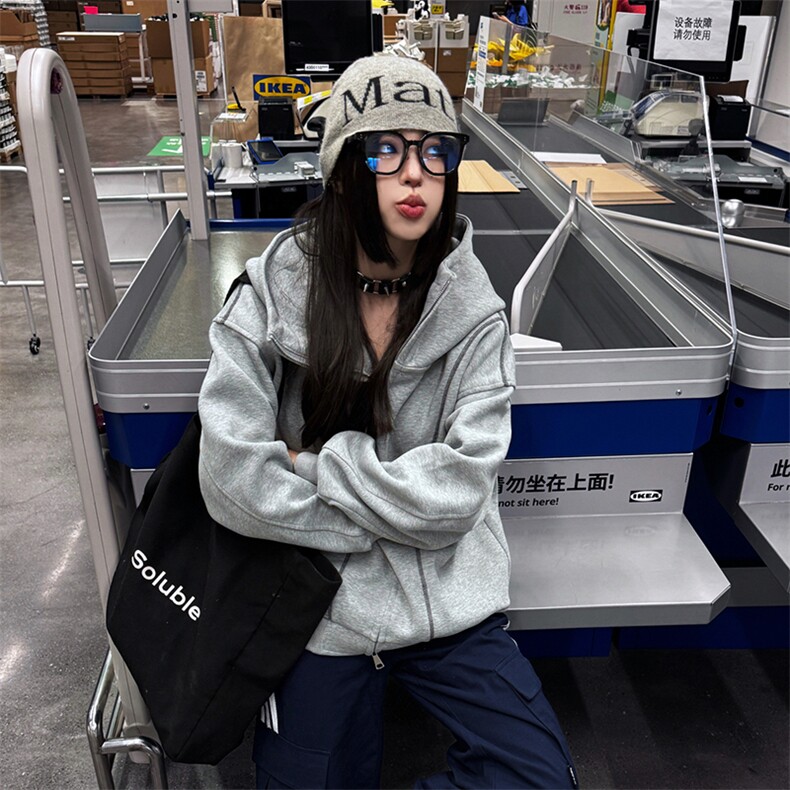 抖音得物高品质秋冬美式高街重磅结构辑明线纹理连帽卫衣外套W111,女装短外套,电商A486-1