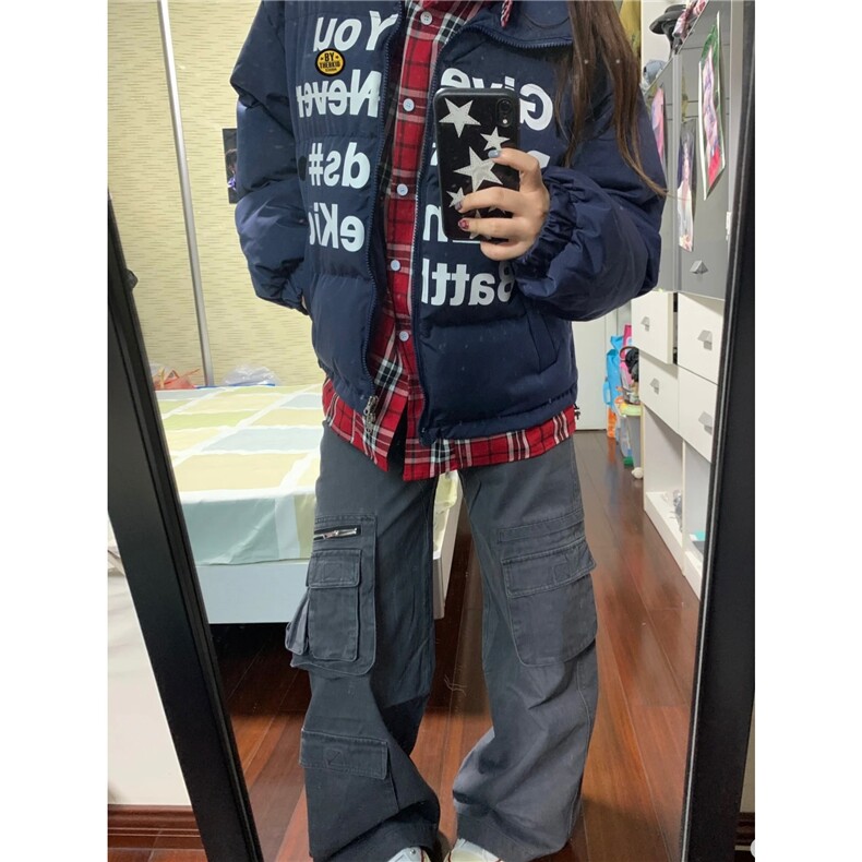 【有货】DW268-P108美式假两件字母印花棉衣女冬季宽松加厚外套图片