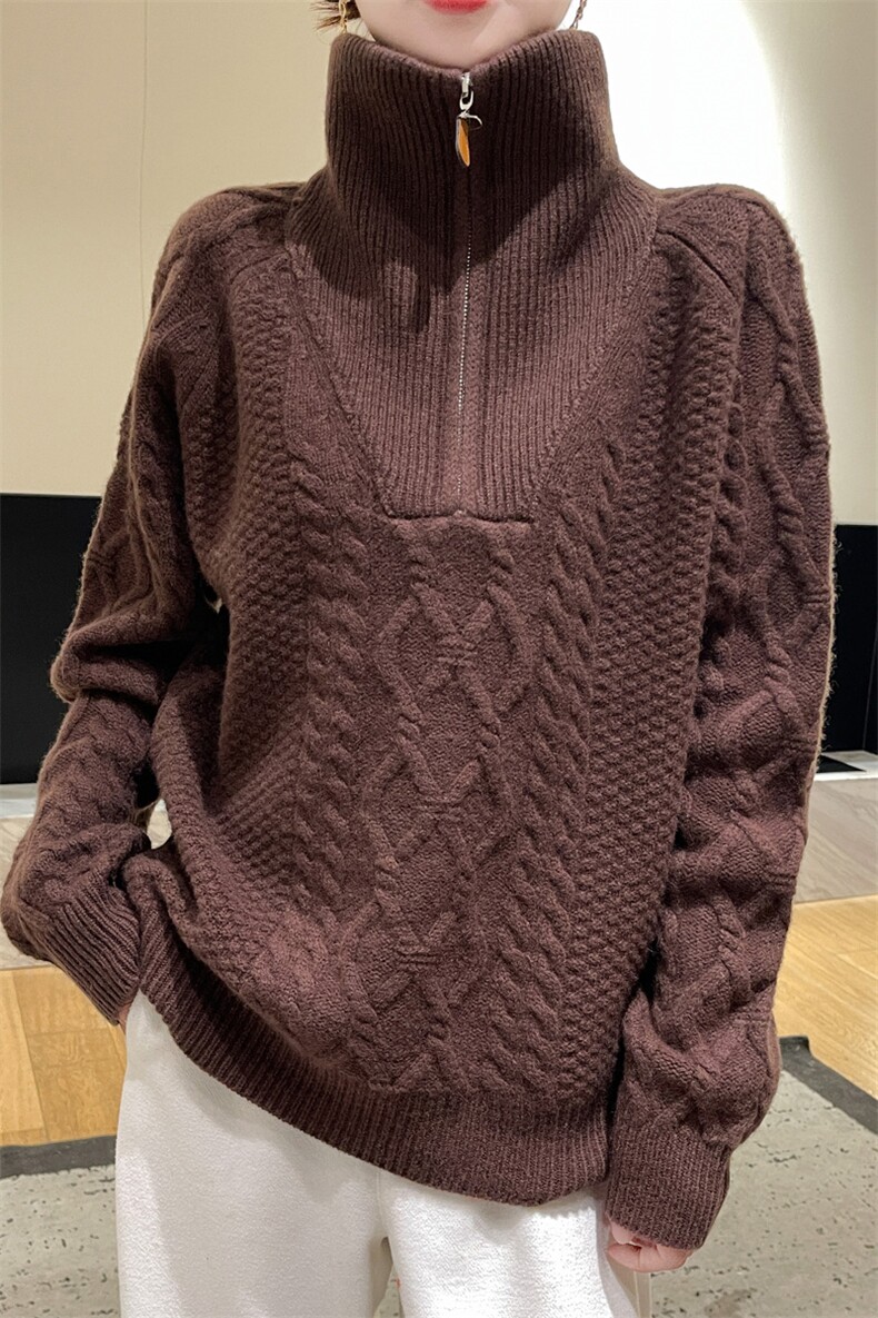 重磅加厚半开领100%纯羊毛衫女高领绞花针织衫毛衣宽松羊绒打底衫,女装羊毛衫,邦太羊绒