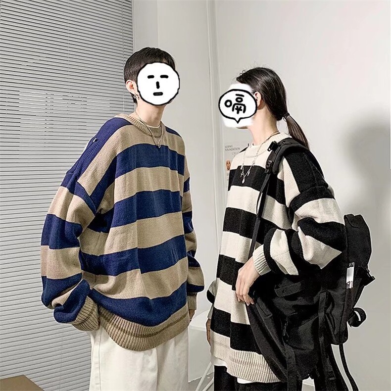 黑白条纹毛衣高级感欧美潮牌 针织衫男春秋情侣装上衣BQ46-P45图片