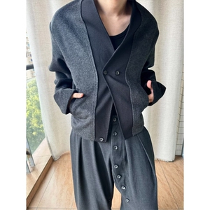 春秋老钱风双扣开衫混纺毛边短款西服毛呢外套复古雅痞呢子西装潮图片