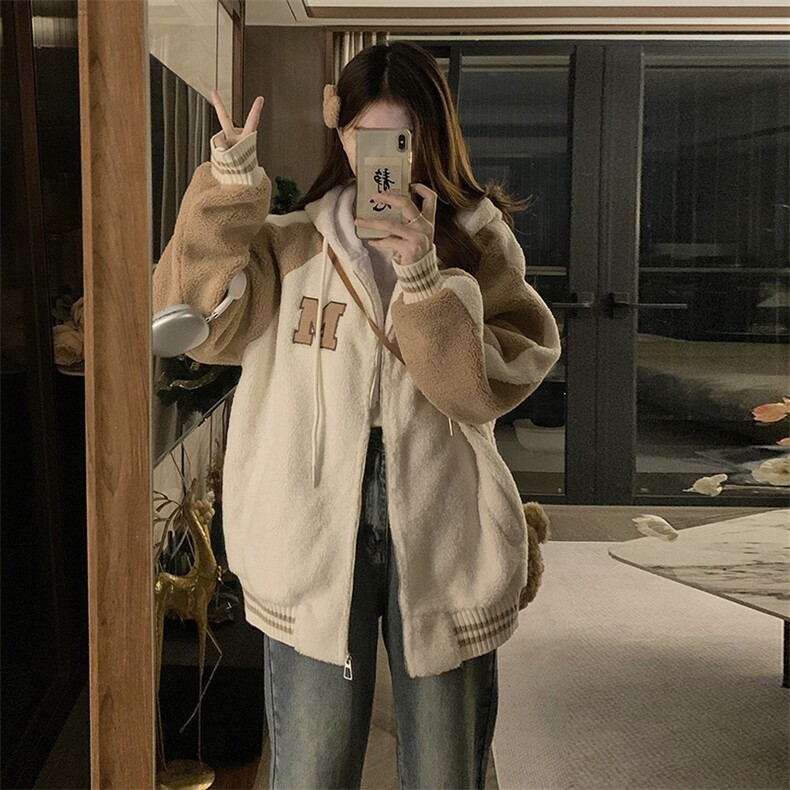 C876-P120秋季连帽羊羔绒卫衣新款加绒加厚学生外套颗粒绒秋,女装短外套,星座911-2(原星座613-2）