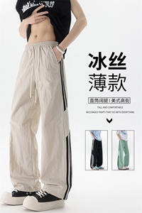 美式高街条纹裤子男夏季冰丝宽松冲锋户外直筒休闲阔腿裤KZ048P50图片