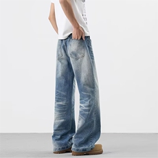 潮牌2026春季美式复古水洗猫须牛仔裤男垂感拖地微喇裤子-NK9917，男装牛仔裤，星座601-1