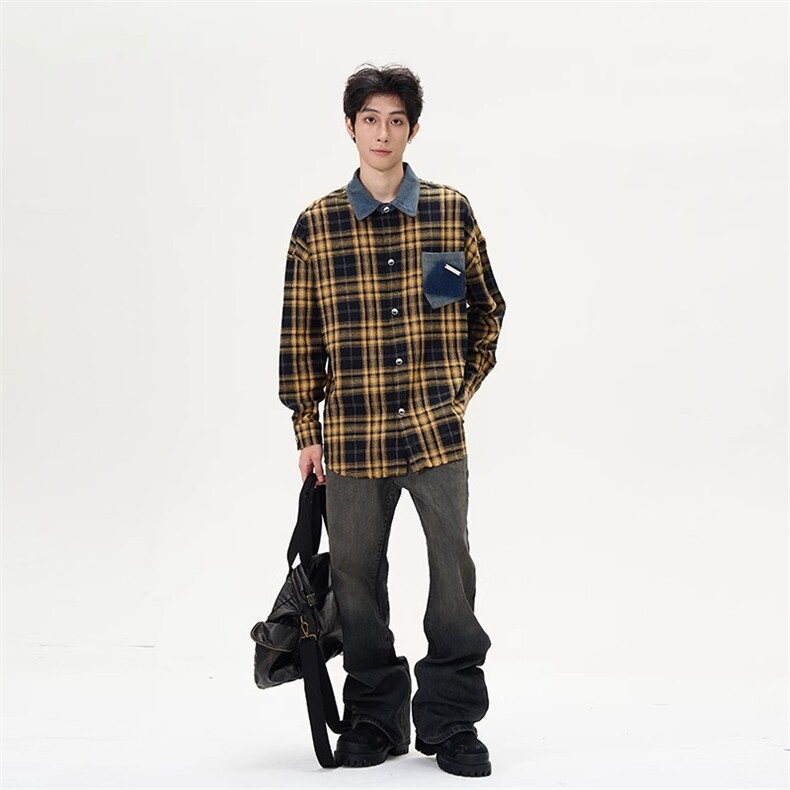 1506A/GJ020/P44美式复古格子衬衫外套男小众高级感宽松潮牌痞帅,男装衬衫,星座1506A