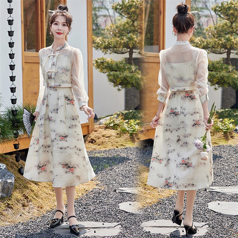新中式连衣裙女长袖春季2024年新款早春穿搭国风汉服两件套套装女,女装套装/套裙,悦祺