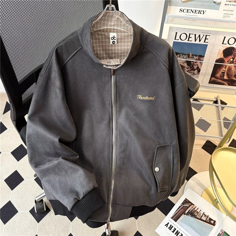 机车皮衣夹克男字母刺绣条纹格撞色痞帅宽松翻领外套JK0067P80，男装皮衣，星座1013-1