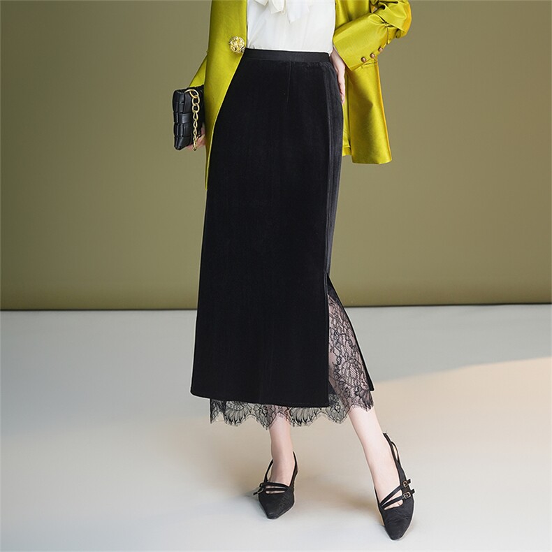 蕾丝边丝绒包臀半身裙女2025秋季新款高腰显瘦气质筒裙中长一步裙，女装半身裙，艾米