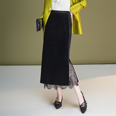 蕾丝边丝绒包臀半身裙女2025秋季新款高腰显瘦气质筒裙中长一步裙，女装半身裙，艾米