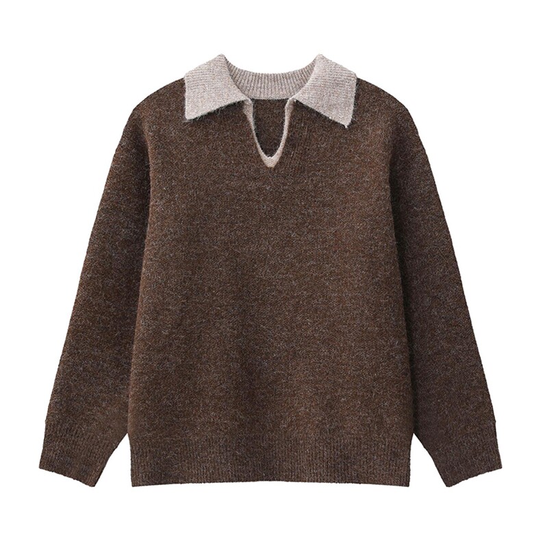 重磅北极绒假两件衬衫领毛衣美式高街复古休闲慵懒纯色翻领针织衫，男装针织衫/毛衣，电商A486