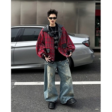 美式秋冬复古双面穿PU皮衣外套男宽松潮牌格子拼接夹克W6503-P85，男装夹克，星座412-3