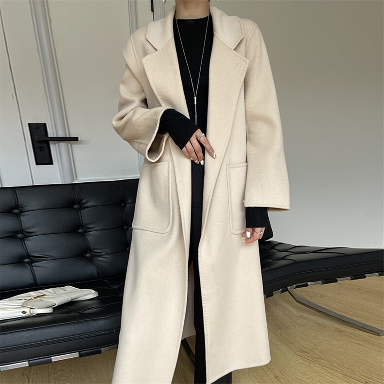 秋冬季羊毛时尚休闲经典V领无扣口袋腰带中长款大衣,女装双面呢大衣,温贝尔羊绒大衣