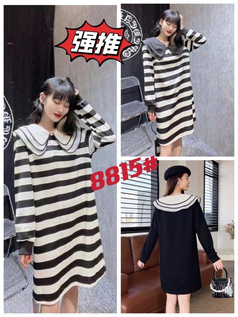 娃娃领条纹连衣裙，女装连衣裙，时代公主