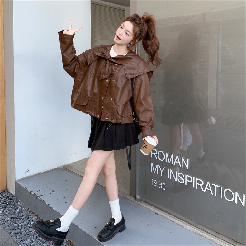 美拉德风娃娃领短款PU皮衣外套女2025年春秋季新款设计感减龄夹克,女装皮衣,蝶眷