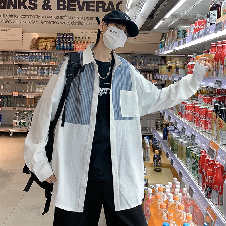 长袖拼色条纹衬衫男港风日系外套C84P35,男装衬衫,星座1116-2