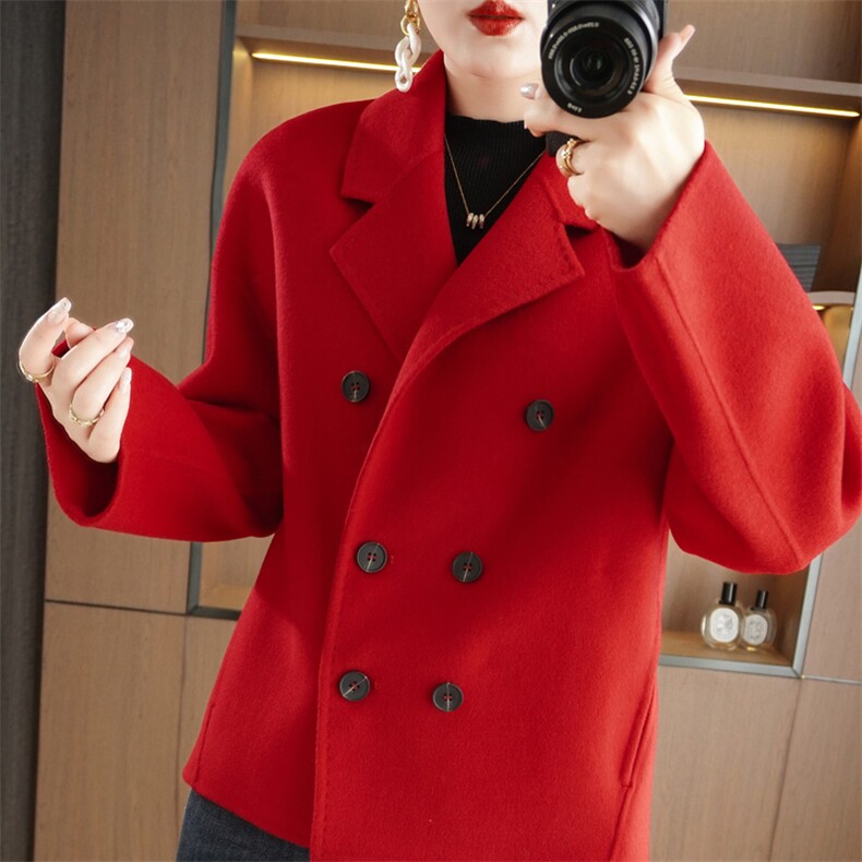 2024秋冬新款大衣女短款西装领双排扣羊毛修身外套，女装双面呢大衣，赛欧妮
