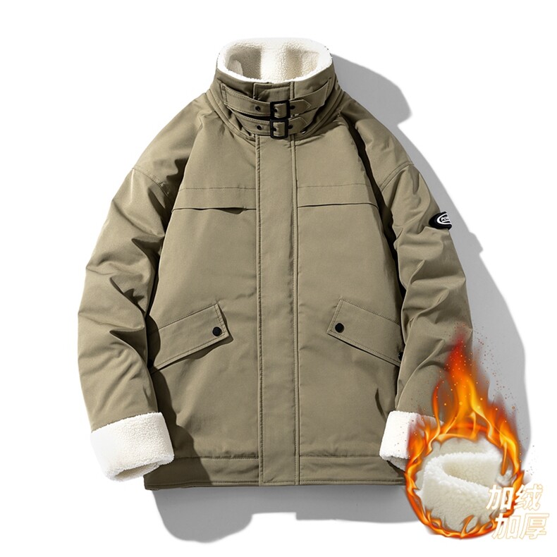 冬季羊羔绒棉衣男加绒棉衣立领防风羊羔绒棉衣军绿色羊羔绒棉衣，男装棉衣，电商A409-1