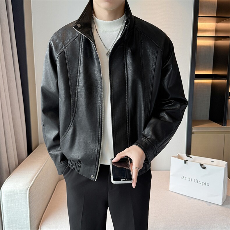 加绒皮衣新款老钱风男士加绒皮衣翻领高品质短款风衣PY71-120,男装风衣,电商B278