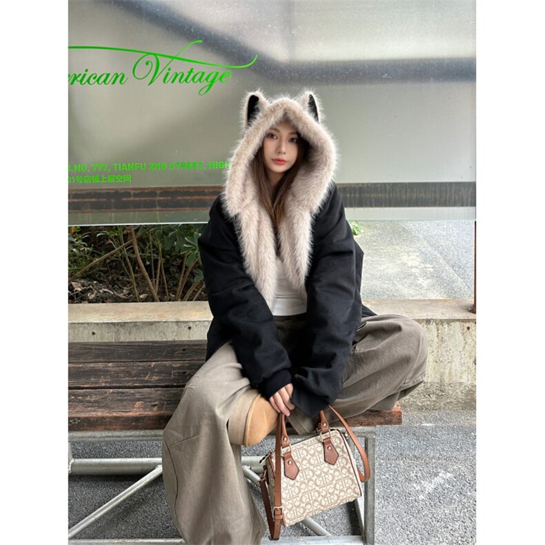 网图座山雕秋冬季连帽猫耳朵棉衣男女情侣装棉服外套潮流特P99,男装棉衣,电商C306-1
