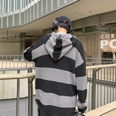 港风秋冬款男连帽毛衣条纹拼色手套款休闲打底外套M6005P55，男装针织衫/毛衣，星座1013-1