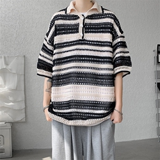 8XL-M特大码美式复古条纹撞色针织POLO衫翻领休闲短袖TDX311P35，男装Polo衫，电商D206-1